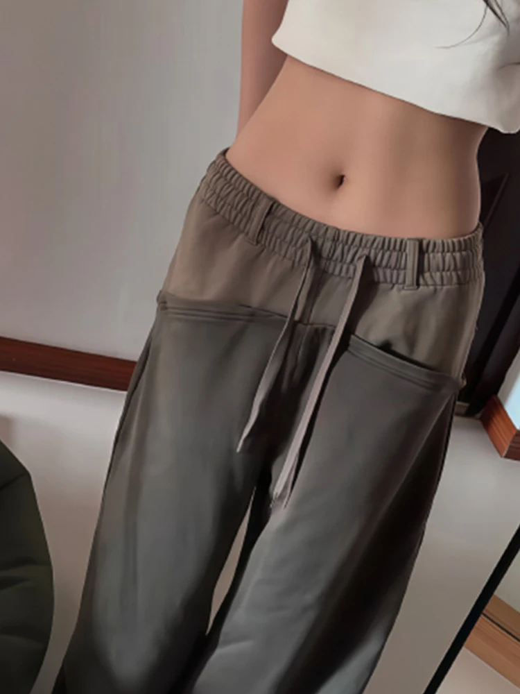 Make old drawstring sports pants women's winter new 2025 fashionable niche color blocking splicing loose wide leg pants