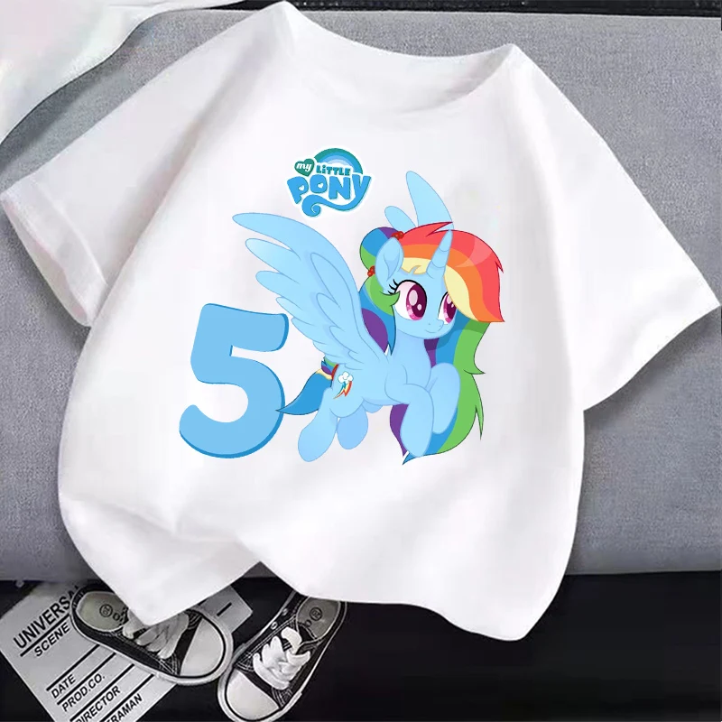 My Little Ponys Children Number 1-10 T-Shirt Birthday Cute Anime Rainbow Dashs Clothes Kid Cotton T Shirt White Casual Tops Gift