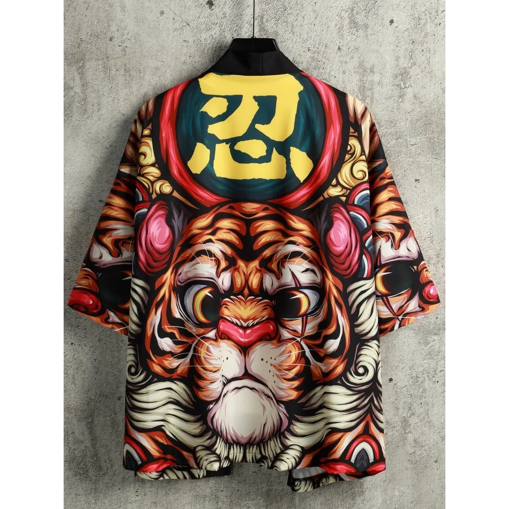 أزياء الصيف سترة أنيمي الكرتون النينجا النمر نمط الرجال كيمونو قصيرة الأكمام مفتوحة الجبهة بالأزرار زائد الحجم و** & #1