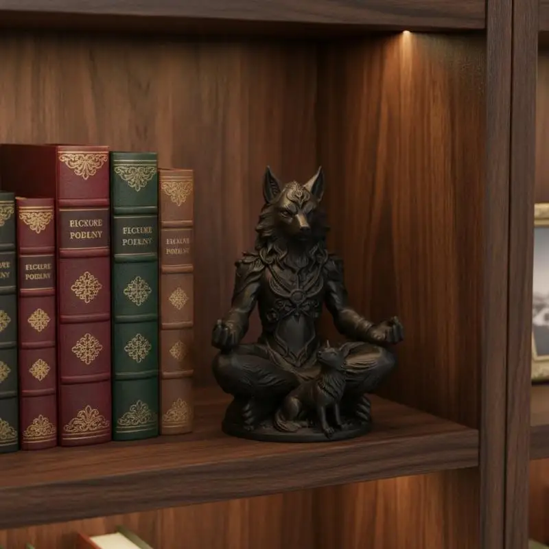 3D Printing Gothic Werewolf & Cub Meditation Statue For Shelf, Eerie Decor Gift