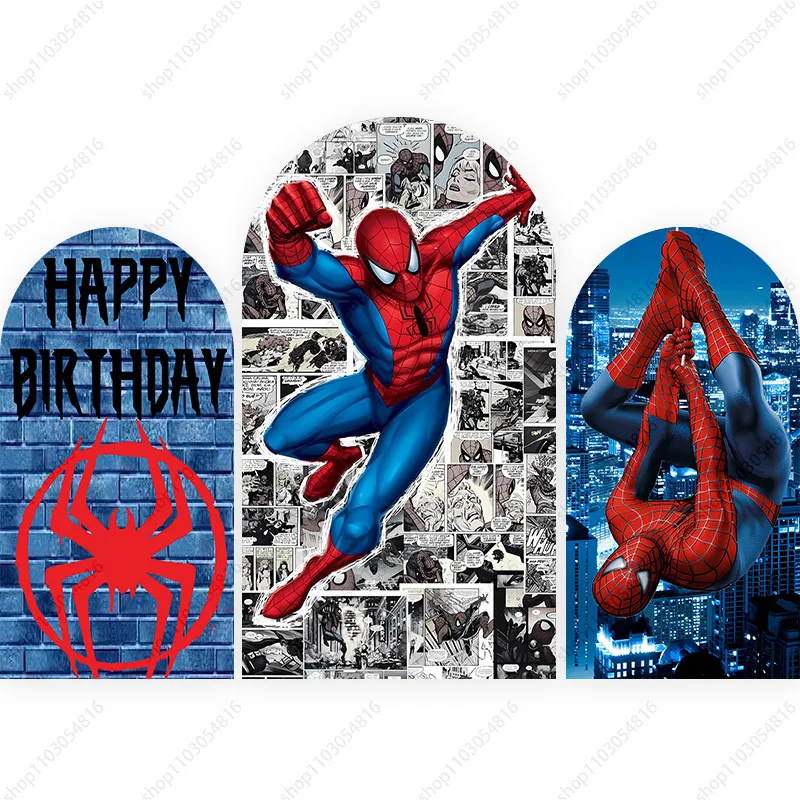 Marvel Spiderman arco de fotografía telón de fondo para niños, decoración de fiesta de cumpleaños, pared de poliéster, accesorios de decoración de fondo fotográfico