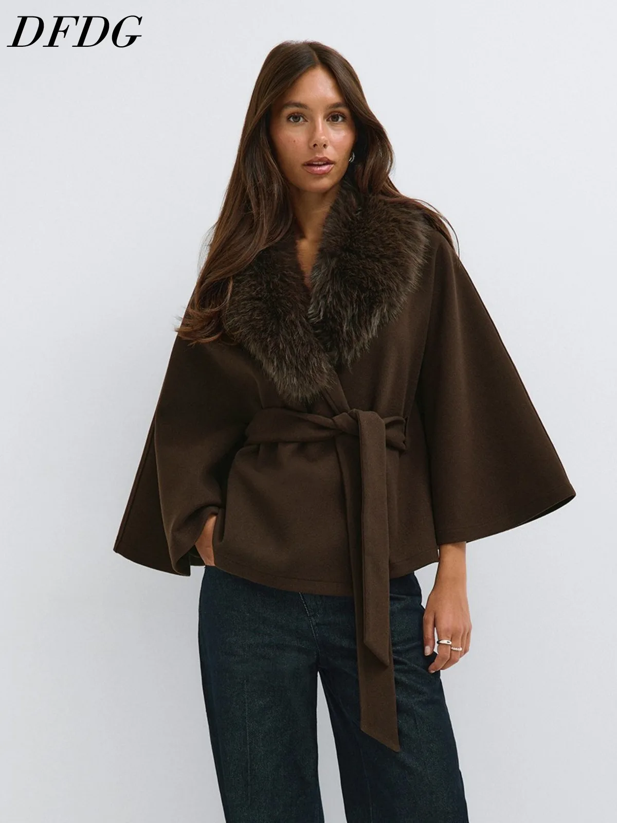 DFDG Women 2026 Wool Blend Cape Wrap Coat Faux Fur Large Lapel Collar Belted Waist Wide Sleeve Elegant Winter Outerwear Coat