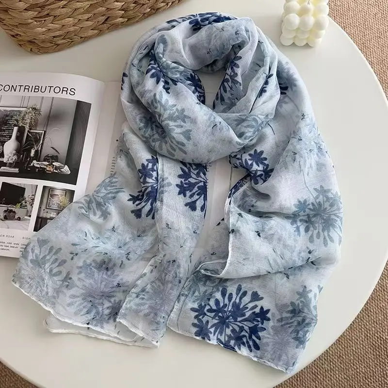 

Spring Summer New Floral Scarf Thin Elegant Versatile Fresh Korean Style Travel Shawl Sunscreen Cotton Linen Silk Scarf