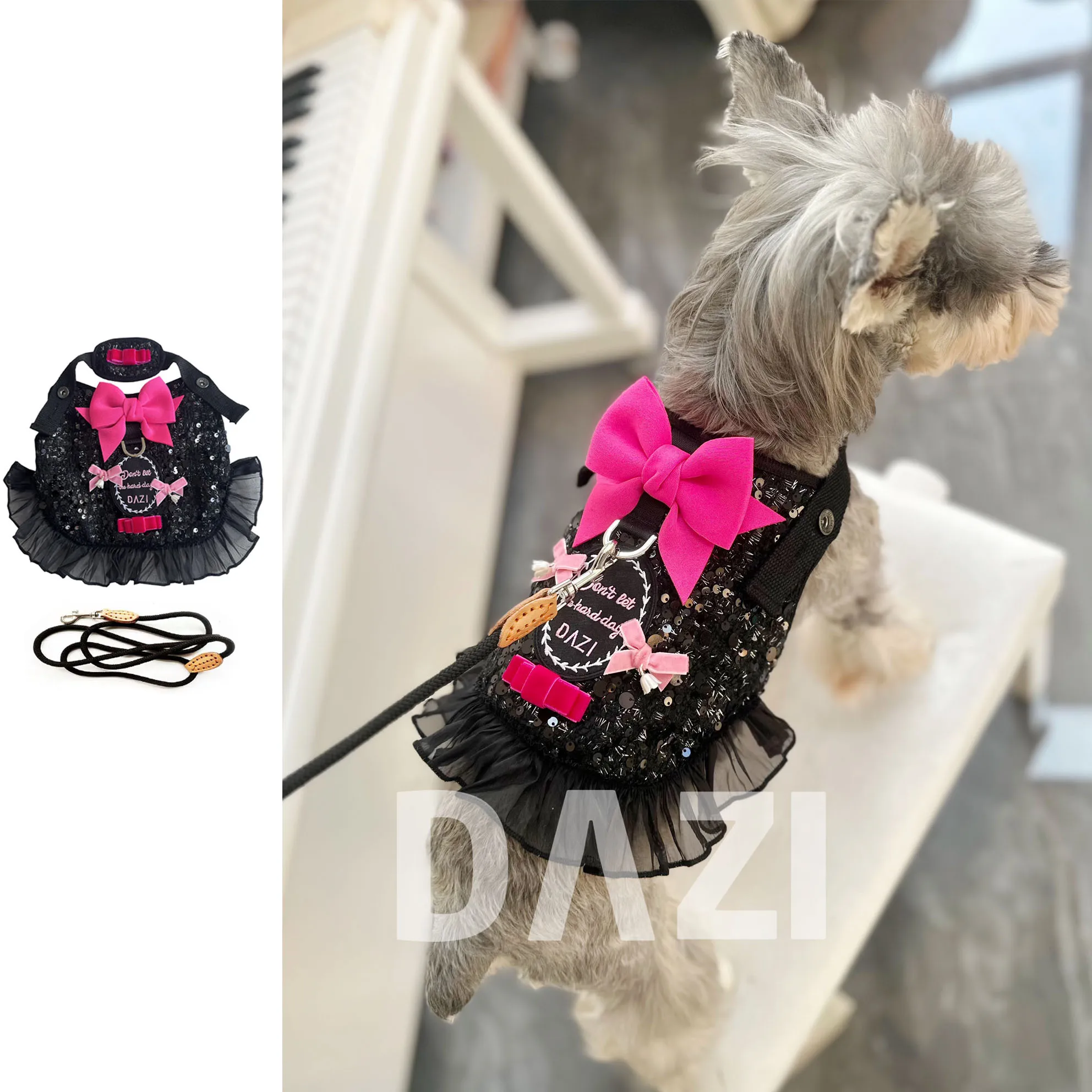

Luxury Dog Harness Leash Set Black Princess Dress with Bowknot Lace Chest Strap Puppy Walking Lead Rope for Maltese Schnauzer