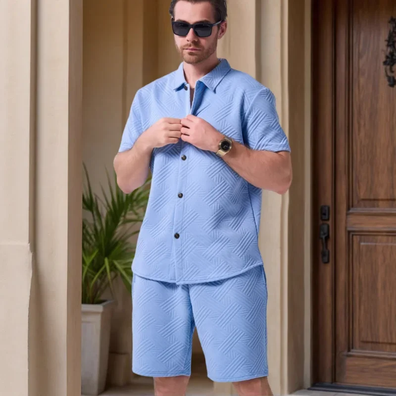 

Men Solid Textured Button Down Short Sleeve Shirt Shorts 2 Piece Casual Summer Set