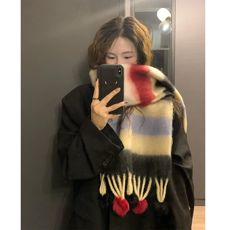 Korea Real Rabbit Fur Ball Warm Dopamine Scarf Soft Stripe Long Shawl Female Colorfur Thermal Y2K Scarf Girls Teen Muffler