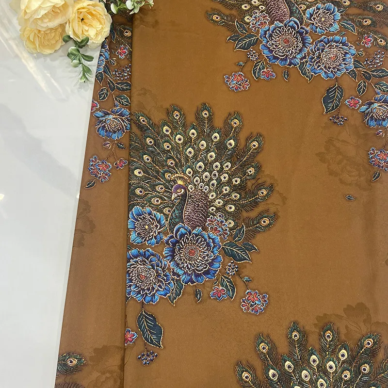 1meter Faux Acetate Printed Fabric Splendid Peacock Peony Floral New Chinese Style Drapey Coat Hanfu Qipao DIY Sewing