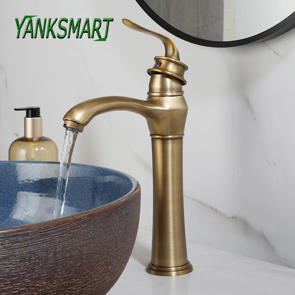 

YANKSMART Antique Brass Bathroom Basin Faucet Desk Mounted Retro Porcelain Single Handle Faucets Washbasin Sink Mixer Water Tap