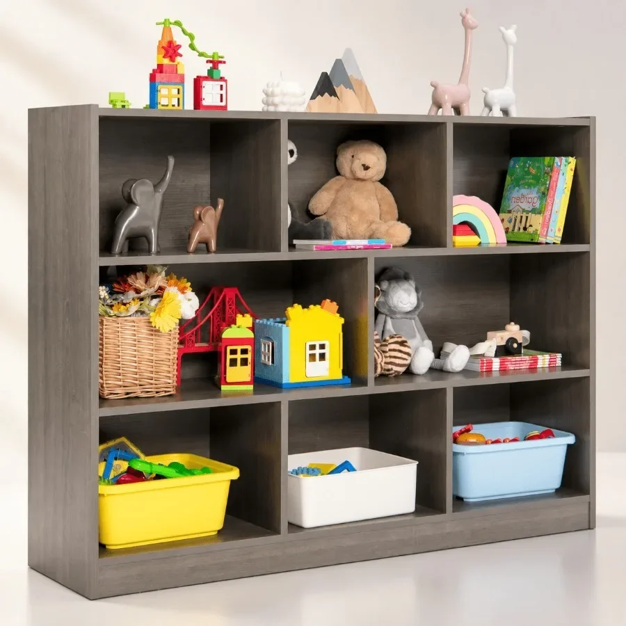 8-Cube Organizer Storage Cabinet for Bedroom/Preschool/Classroom/Office, Wooden, Gray, Space-Saving 3-Tier Bookshelf Low Displa