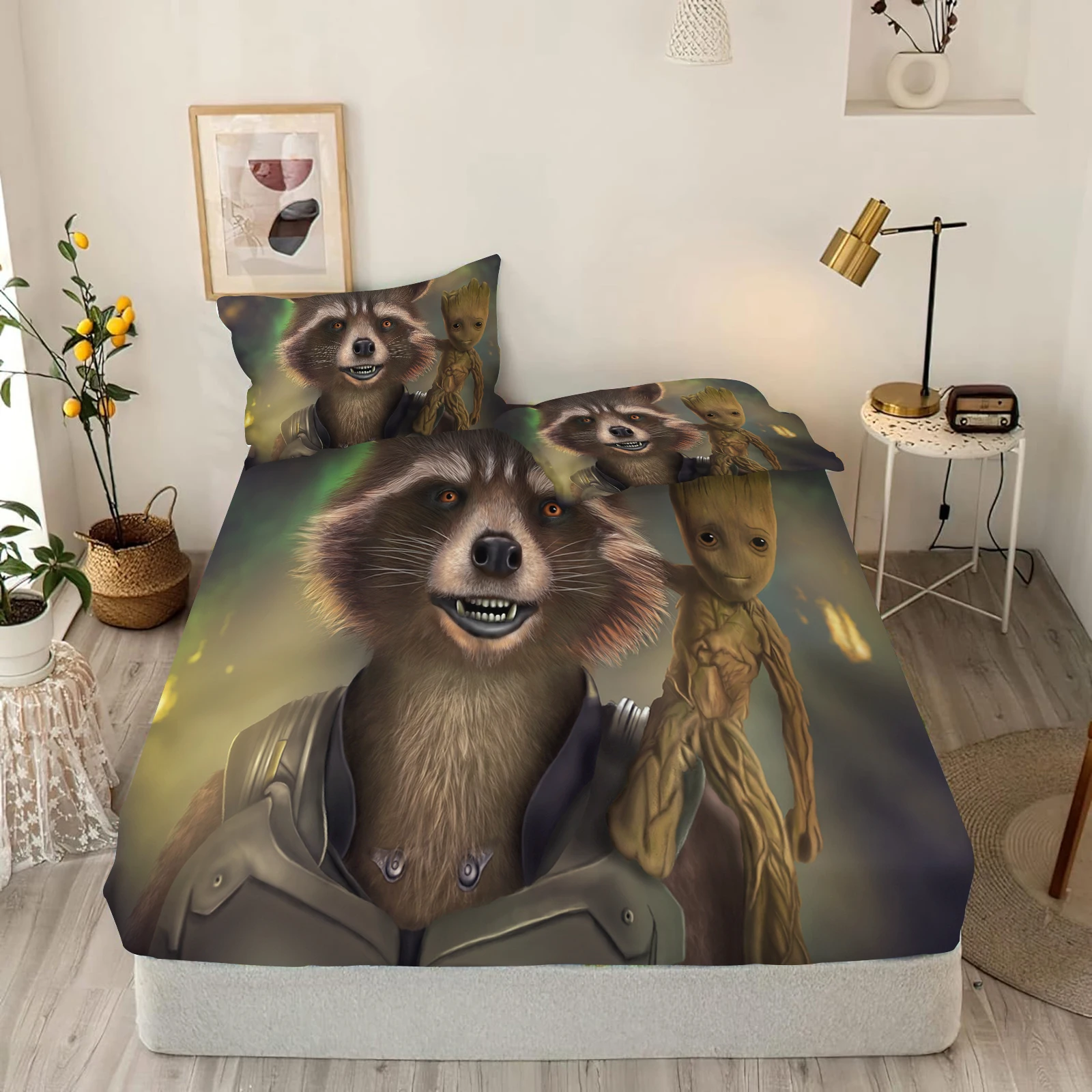 Marvel Groot Polyester Fitted Sheet Children Gift Cartoon Elastic Sheets Soft Cover Cute Digital Printing New Design