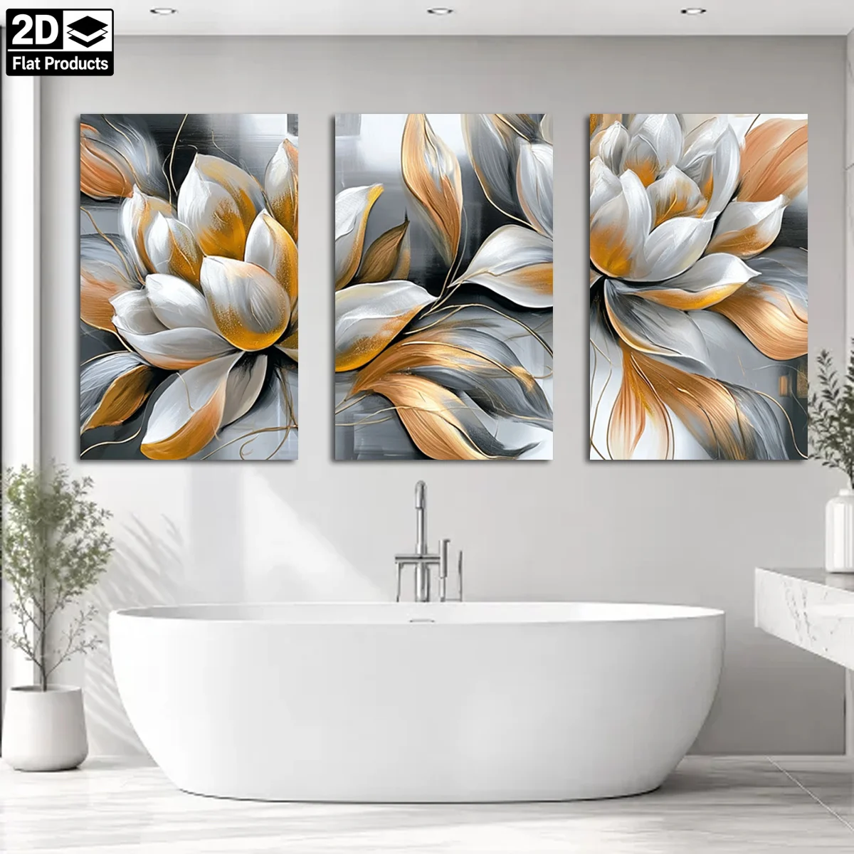 Frameless 3PCS 2D Decorative painting - Canvas painting - Three panels with white and gold flowers on gray background - cheap
