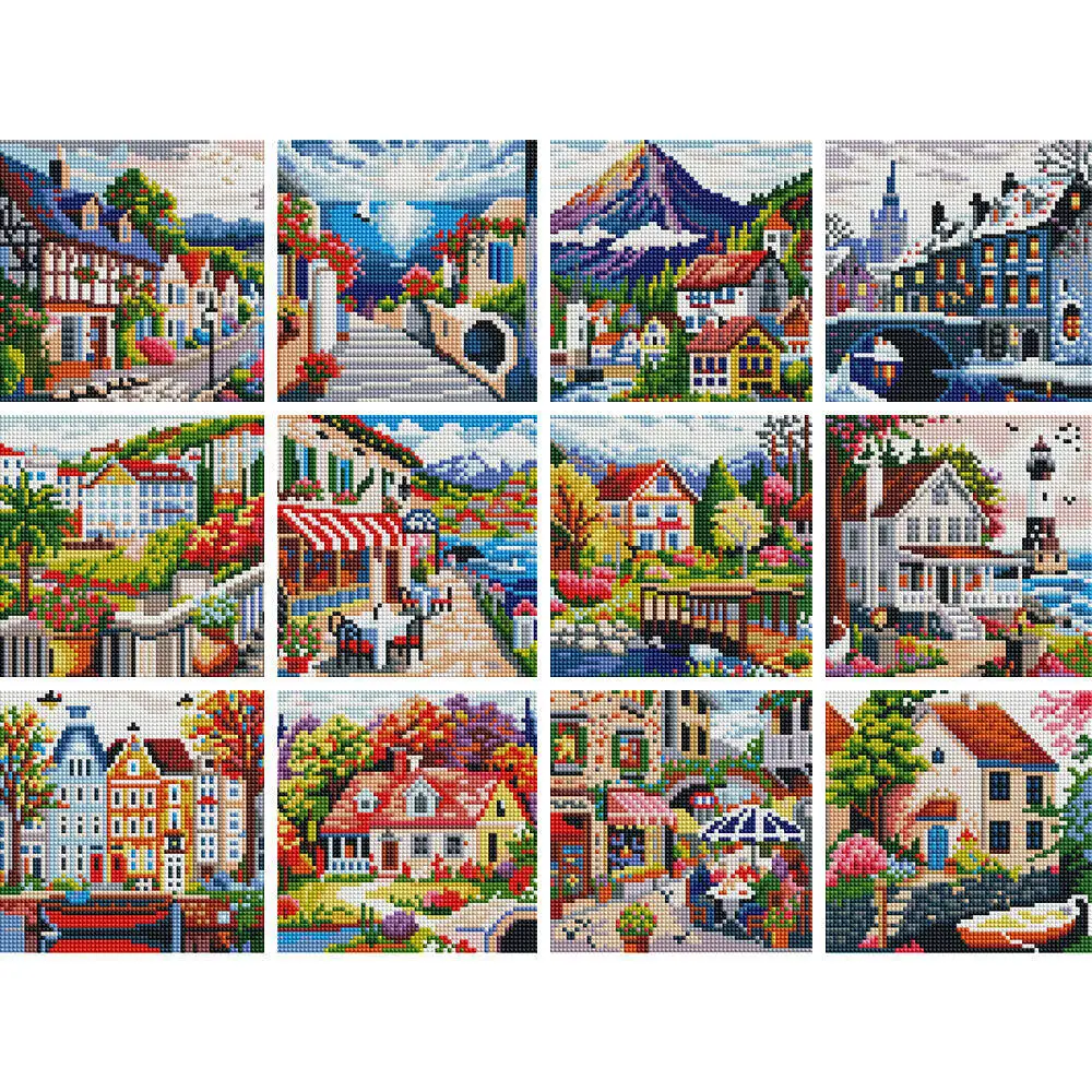 Huacan 12 Stück Diamant-Mosaik-Stadt, rund, Mini-Diamantgemälde, Landschaft, handgefertigt, Weihnachtsgeschenk