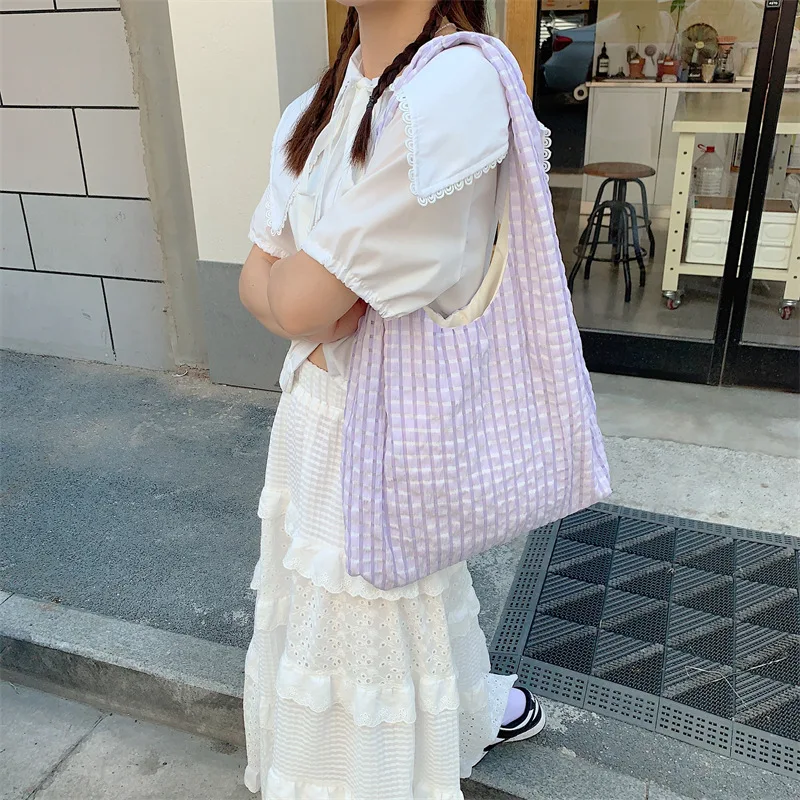 Mesh Checkered Canvas Shoulder Bag Women Large Capacity Lightweight Student School Bookbag Casual Campus Style 2025 New Tote
