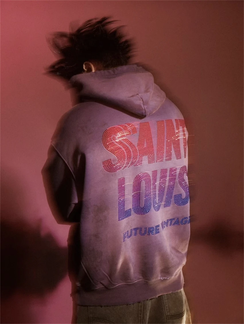 High Quality SSSAINT LOUIS Oversize Gradient Logo Hooded High Street Casual Loose Vintage Hip Hop Popular Pure Cotton Sweatshirt