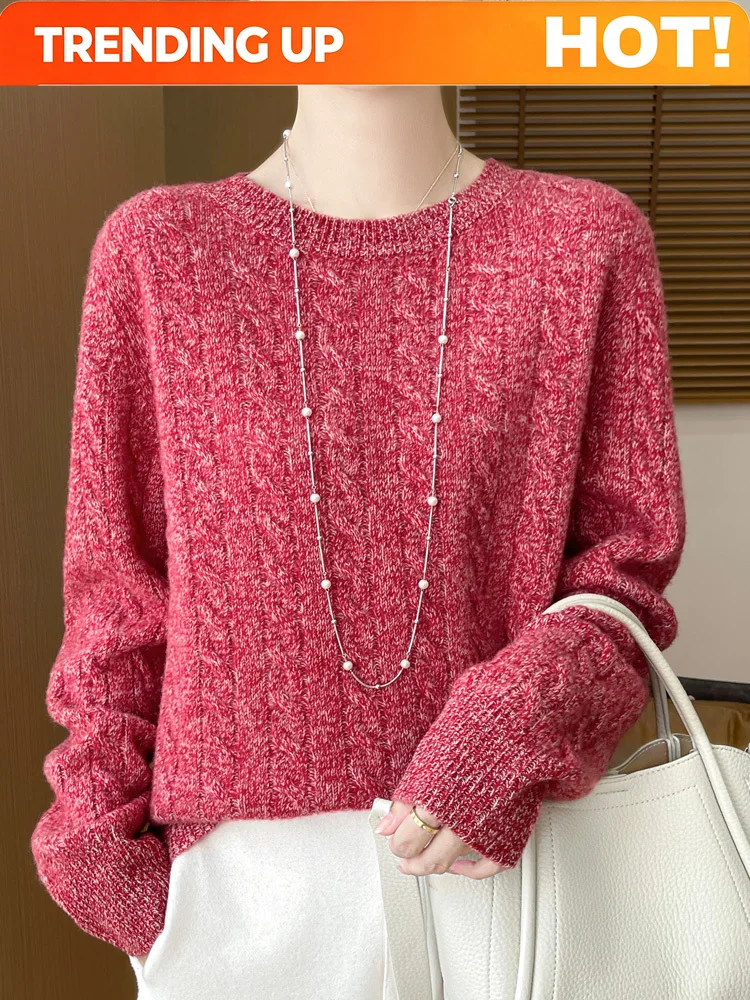 Customization Women's Cable Stitch Pullover Sweater Autumn Winter Elegant Long Sleeves O-Neck 100% Merino Wool Warm Soft Knitted