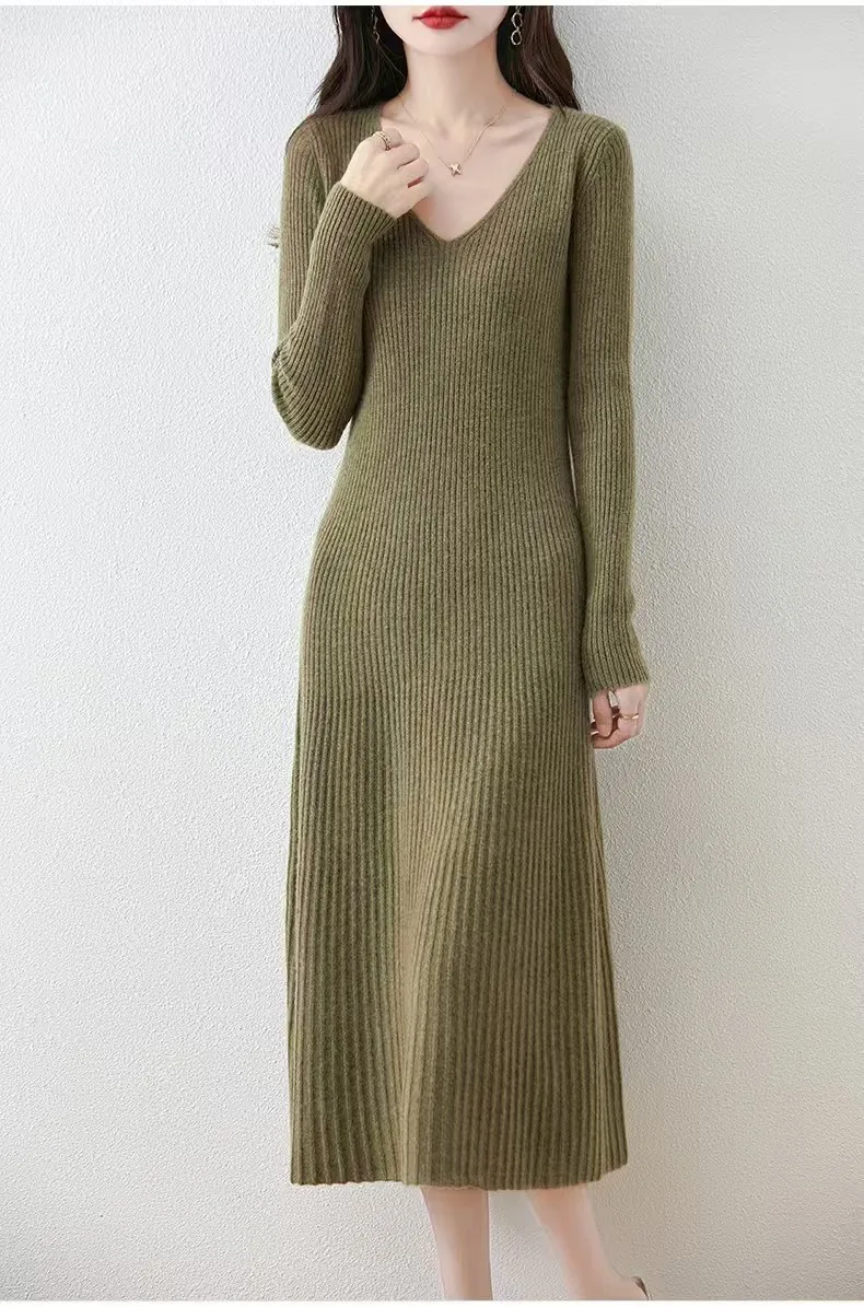 Temperament V-neck pure wool knitted dress, autumn and winter tight fitting hip hugging skirt, long cashmere sweater base skirt