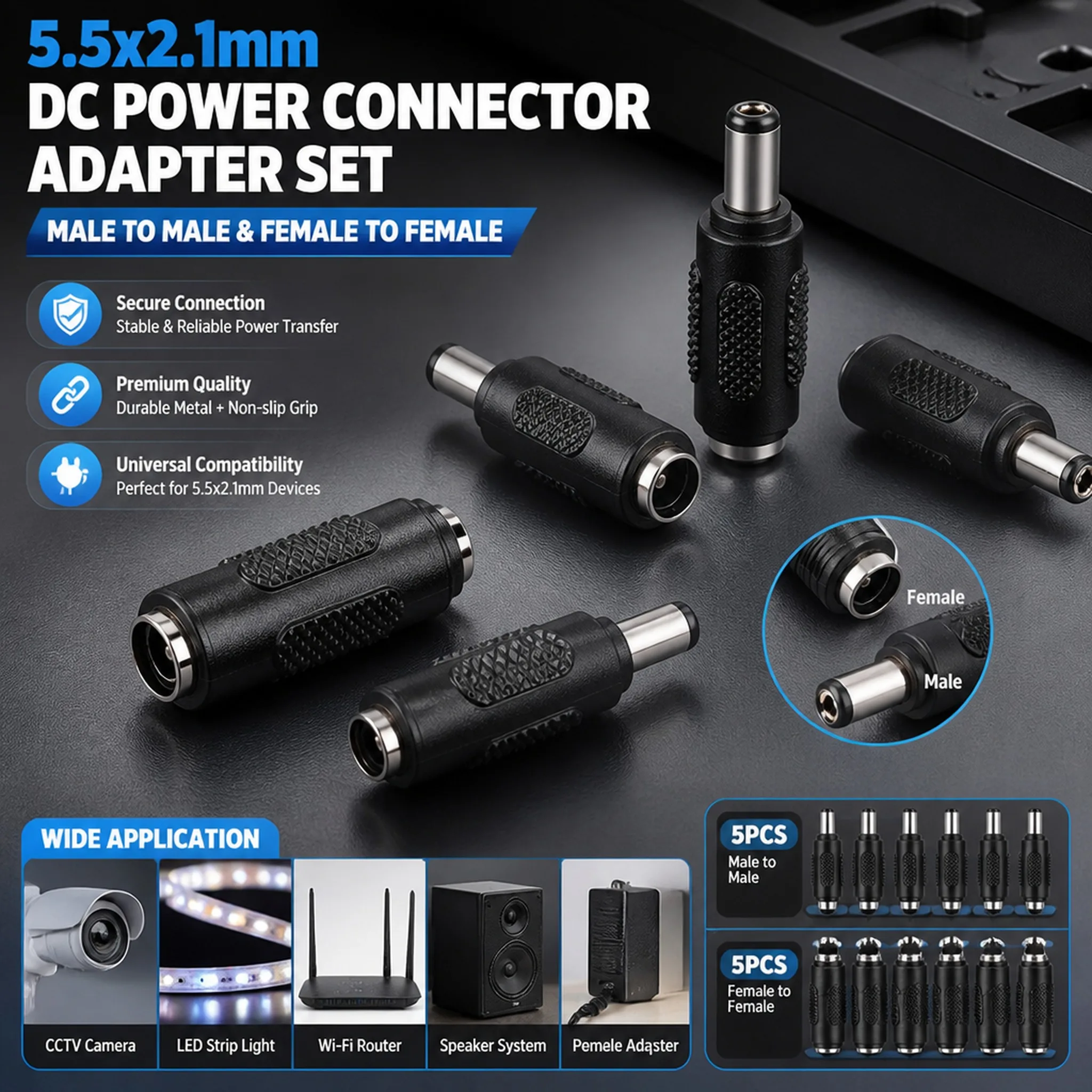 5.5x2.1mm DC Male Female Barrel Power Connector Jack Coupler Adapter for CCTV Camera LED Strip Router Cable Extension 1Pair