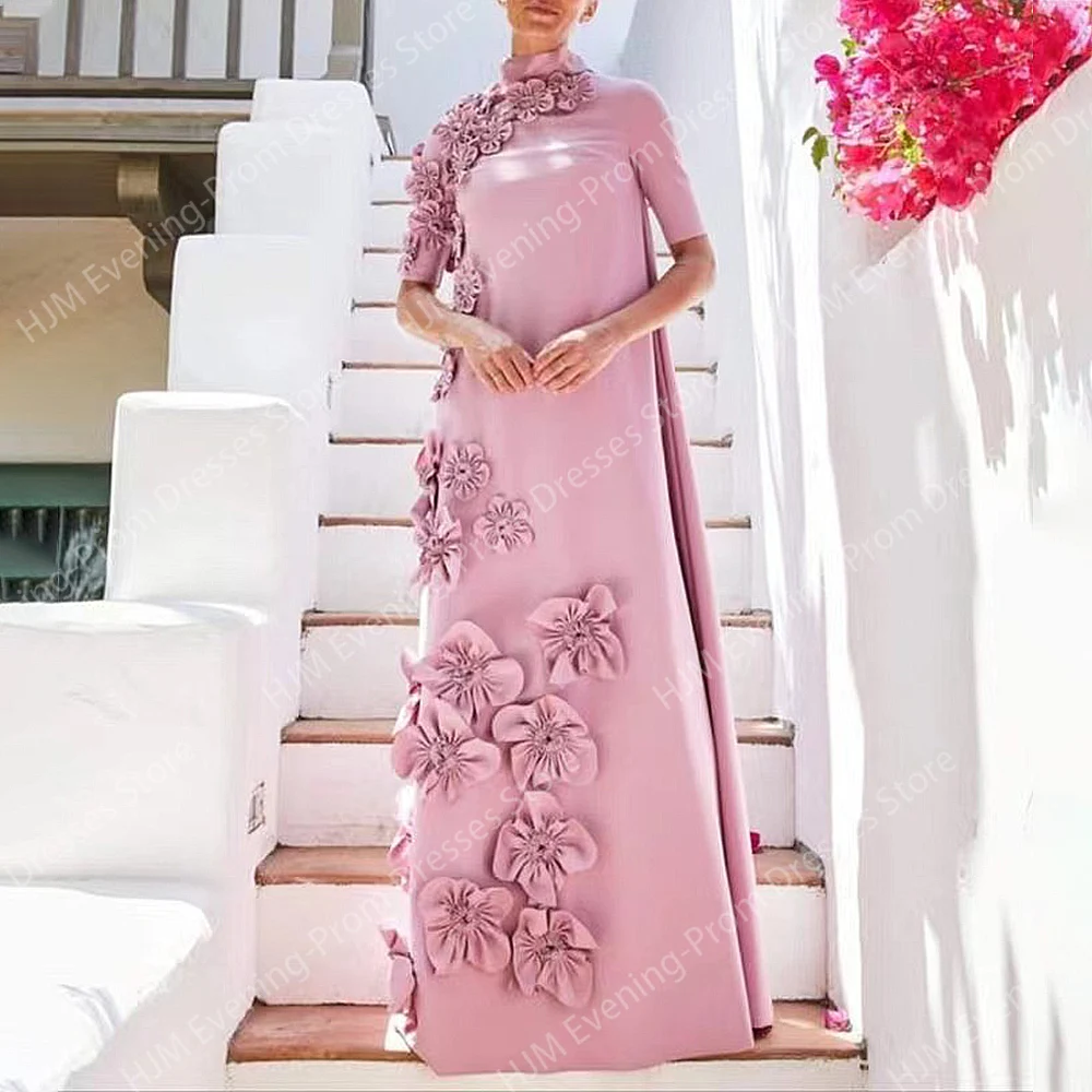 Vestido de noche largo con flores en 3D para mujer, traje elegante de cuello alto hasta el suelo, línea A, fiesta de graduación, boda, eventos especiales, 2024