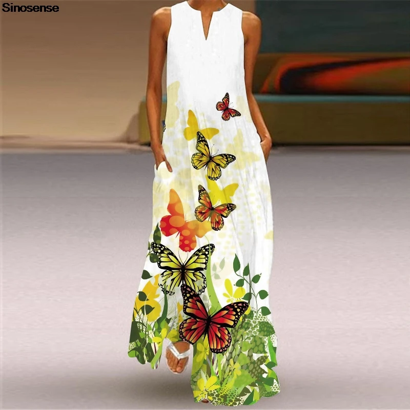 

Women's Summer Boho Maxi Dresses Beach Casual V Neck Sleeveless Floral Butterfly Print Tank Loose A Line Dress With Pockets 5XL