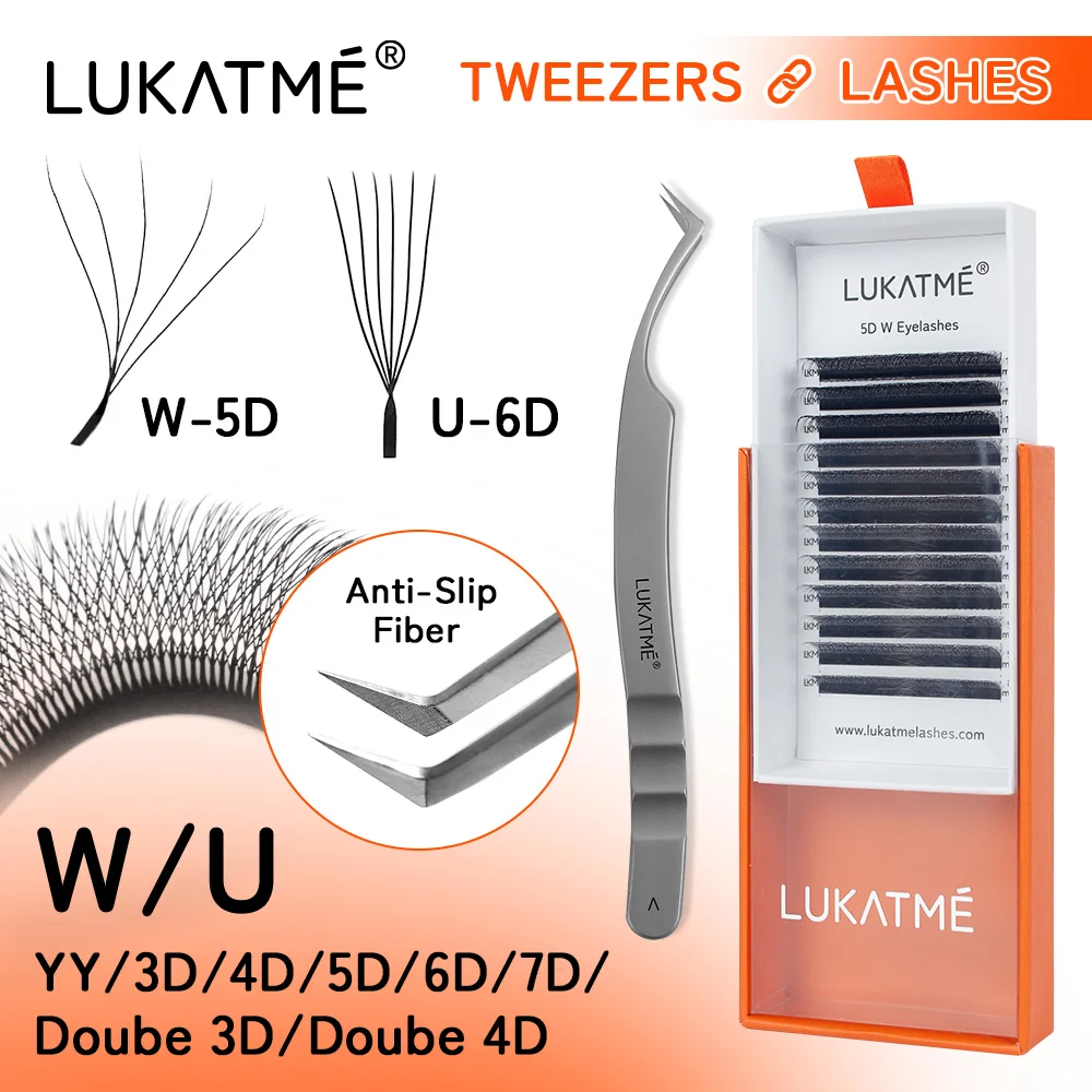 LUKATME 2PCS Mixed Style YY W Lashes + Tweezer, 4D-7D Brown Volume Fans D/M Curl 7-15mm Wholesale Eyelash Extensions Set