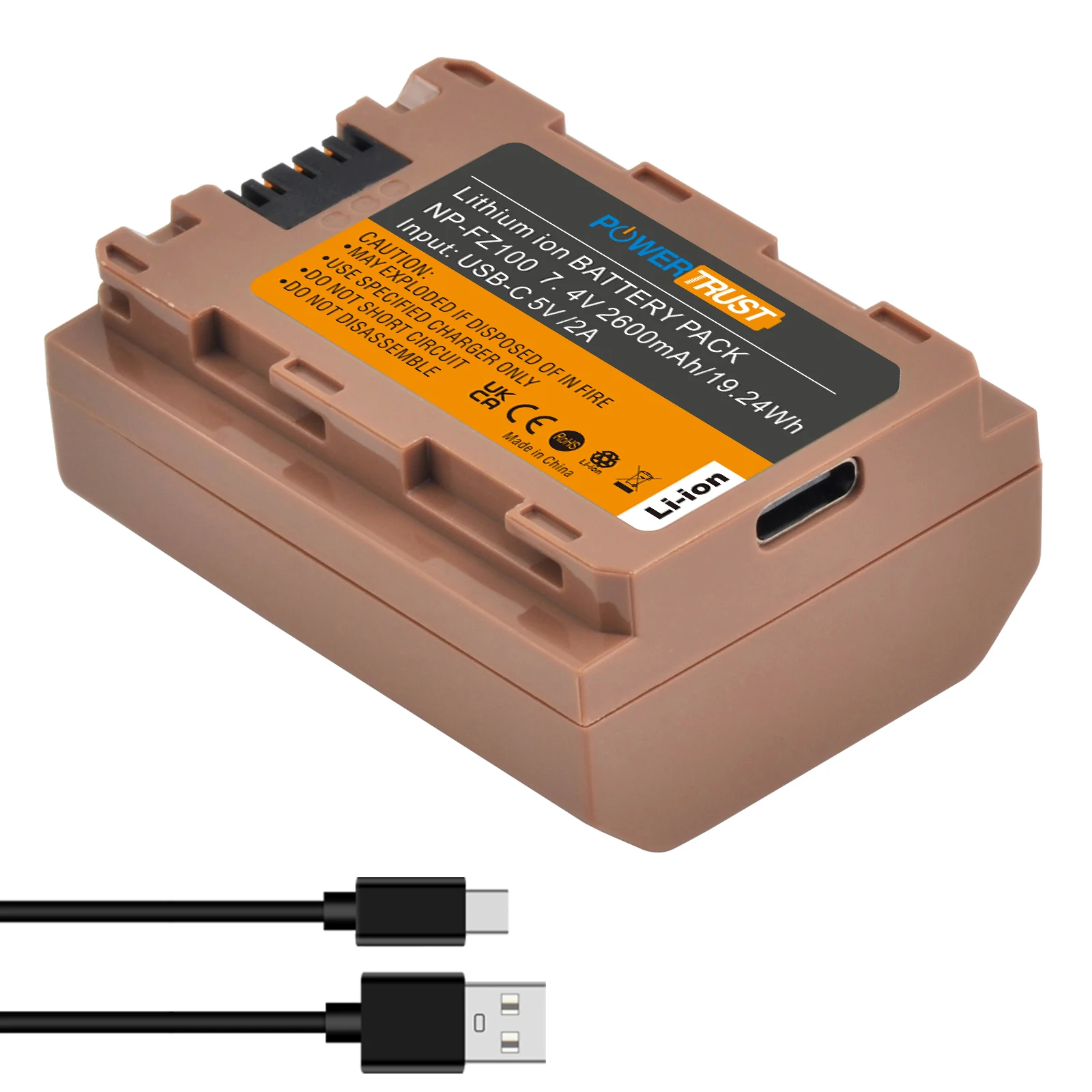 Batterie PowerTrust NP-FZ100 2600mAh avec port de charge rapide USB-C pour Sony A7R V,A7S III,A7 IV,A7C,A7C II,A9,A9 II,A6600