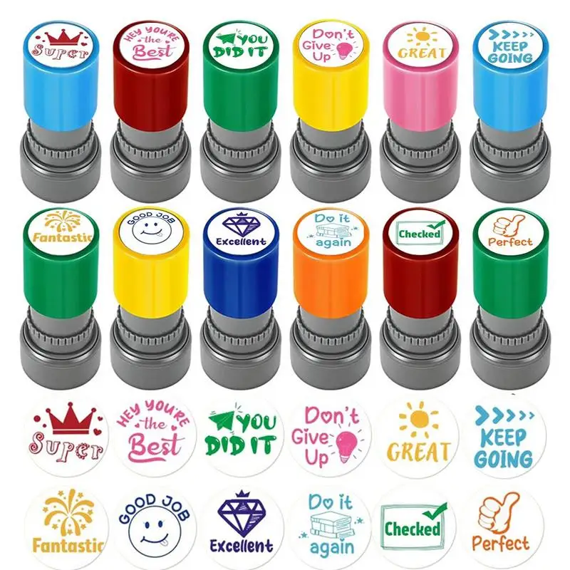 12pcs Teacher's comment Stamp Automatic inking Stamp Teacher's comment Light sensitive stamp Circular educational behavior stamp