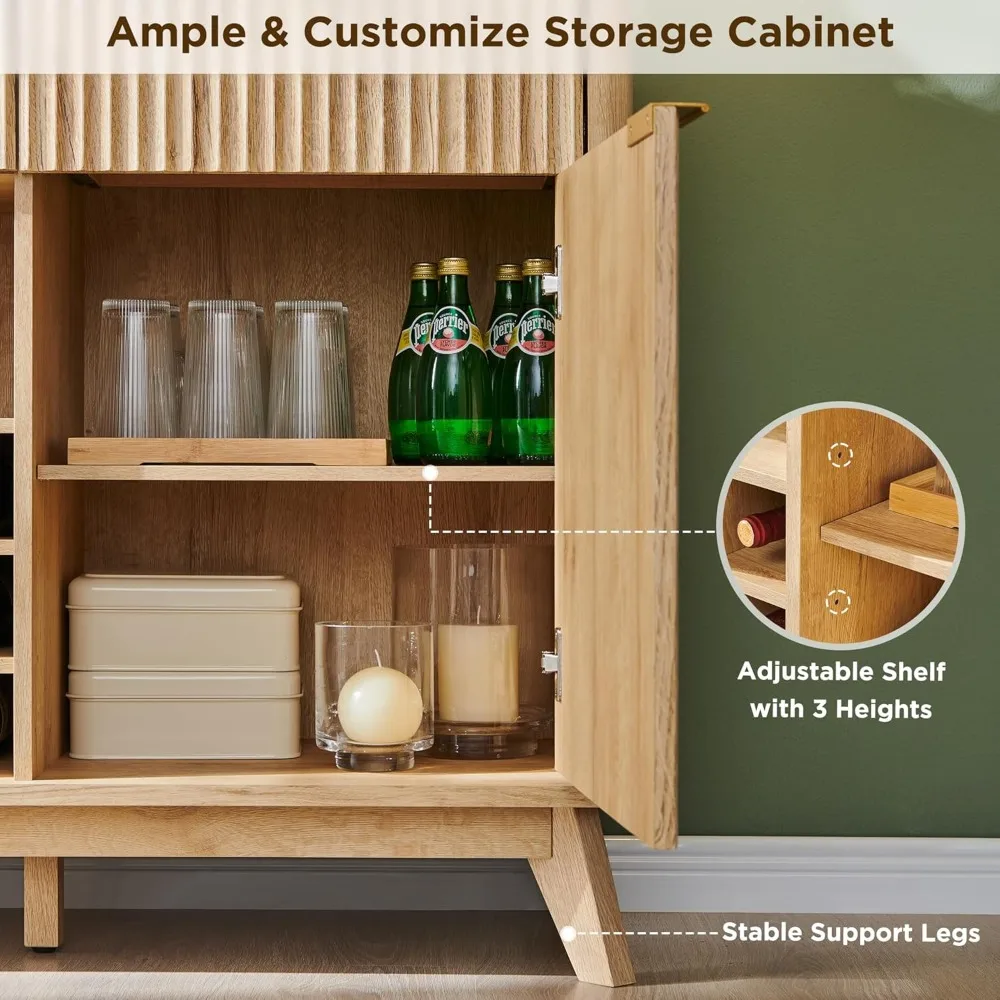 60-дюймовый рифленый буфет с местом для хранения вещей — 3 ящика и 2 дверцами, современный шкаф для вина и кофе-бара со стойками для вина и стекла, Si