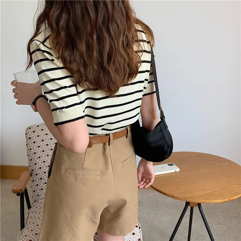 Summer New Ice Silk Striped Knitting Tops Polo Neck Short Sleeve Loose All-match Pullovers Vintage Fashion Women Clothing