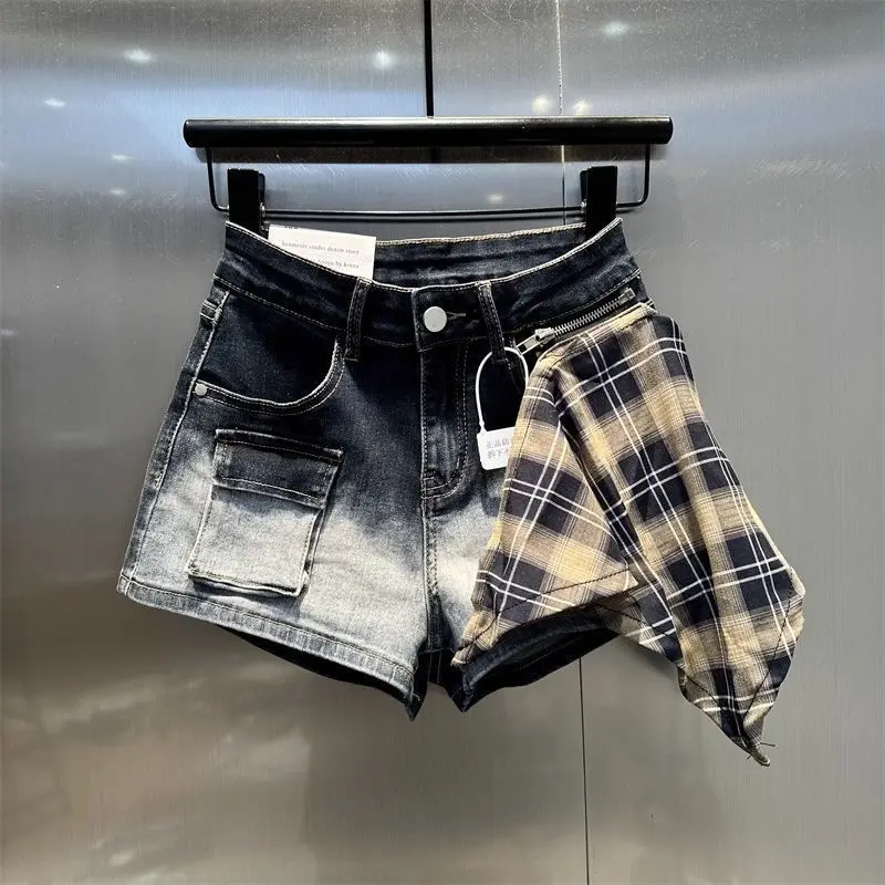 

Fashionable 2026 Autumn New Design Plaid Splicing Denim Shorts Female Hot Girls Slim Button Pocket Hot Pants