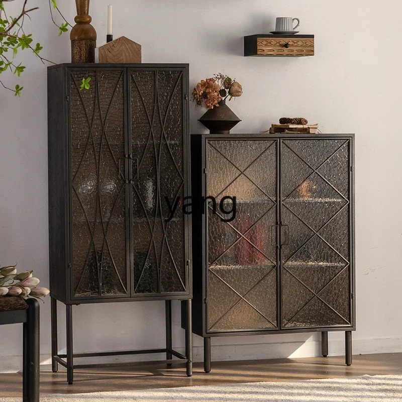 LH retro wrought iron dining side cabinet, water pattern glass door, living room against the wall, small size sofa side cabinet