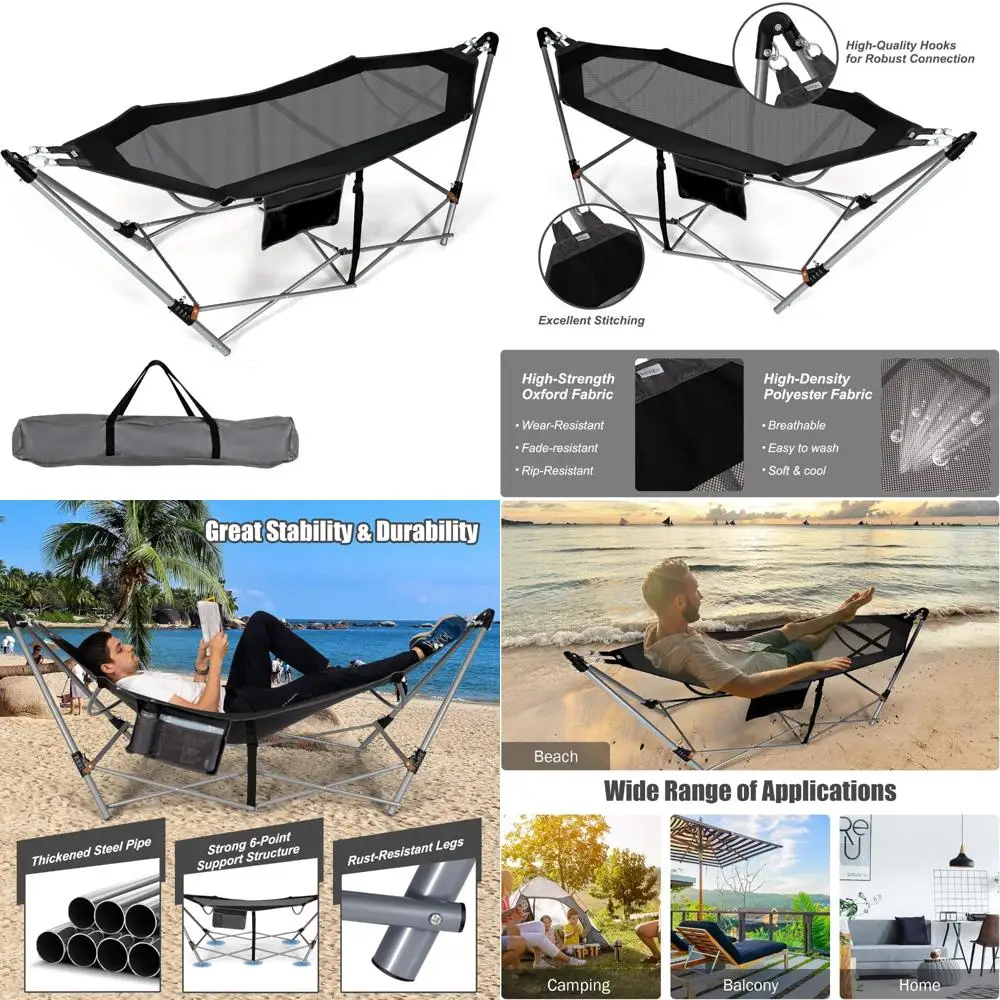 

Portable Folding Hammock with Stand for Indoor and Outdoor Use, Side Pockets, Anti-Tip Safety Feature, Ideal for Camping and Rel