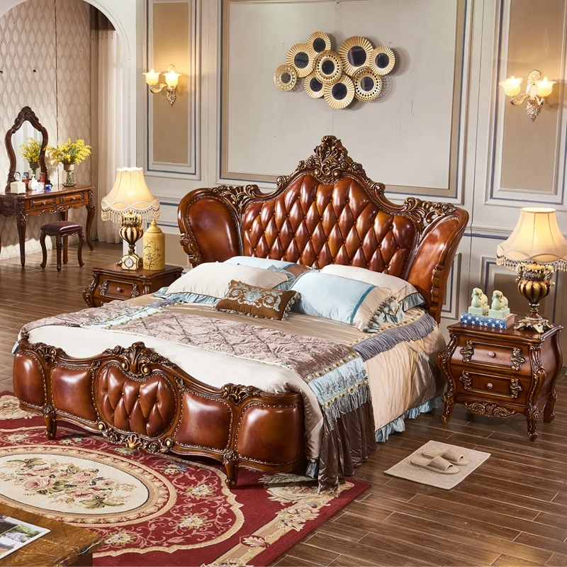 

European Luxury Leather Comfortable Twin Bed Solid Wood Carved Master Bedroom Soft Bed Wedding Bed