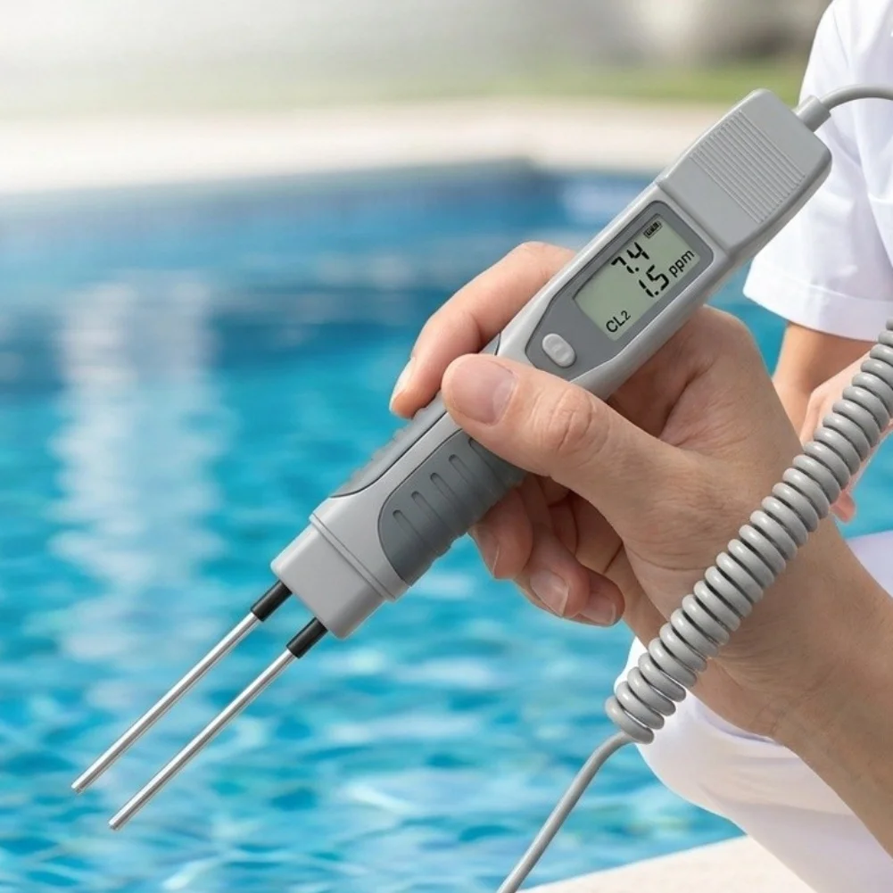 2-in-1 Pool Water Tester for pH and Free CL2 Measurement Portable with Retractable Spiral Probe ABS PE Construction