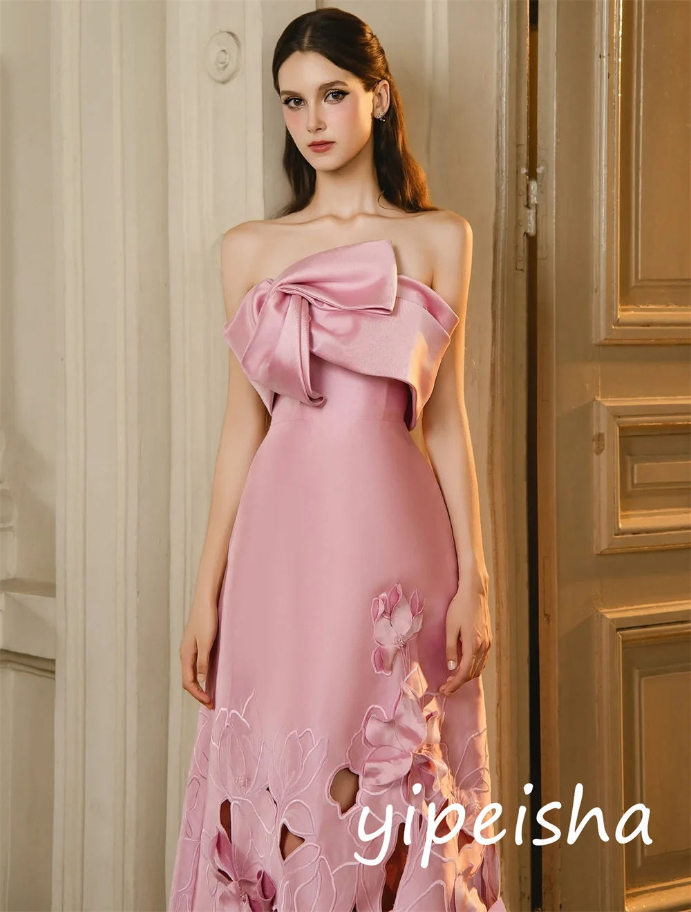 Customized High Quality Charmeuse Flower Pleat A-line Strapless Midi Dresses Bespoke Occasion Elegant image 3