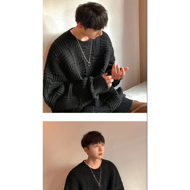 Suéter masculino com gola redonda, marca da moda, solto, tridimensional, tecido xadrez, vento preguiçoso