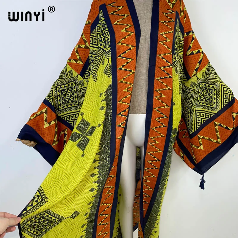 WINYI 2023 new summer print Women Cardigan Loose Long Dress Cocktail Party Boho Maxi beach Swimming Cover Up Kimonos