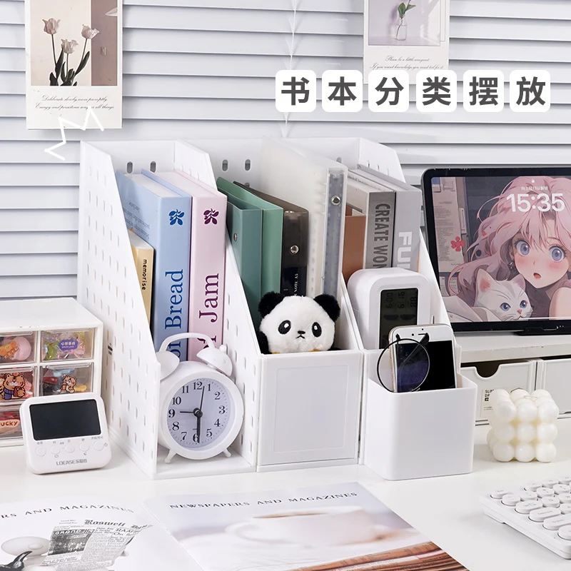 1pc White Plastic Desktop Book Stand Organizer with Multiple Compartments - Space-Saving Vertical Desk Organizer for Books