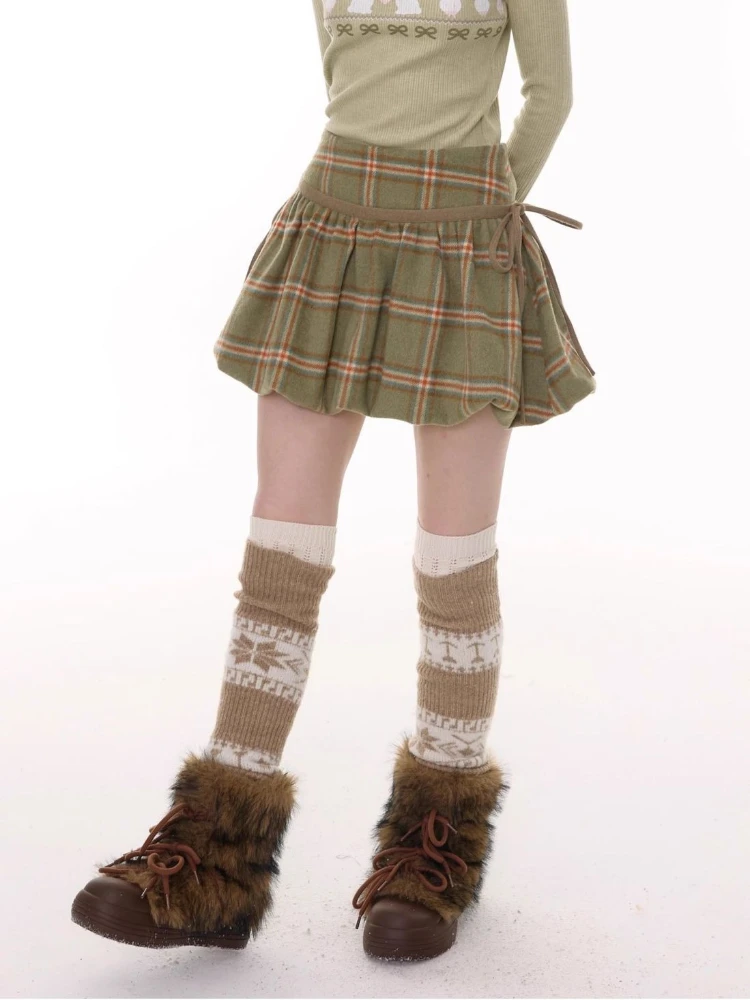 

Deeptown Vintage Harajuku Plaid Skirt Women Japanese Sweet Preppy Style Mini Skirts Autumn Winter Green Ruffle Short Skirts
