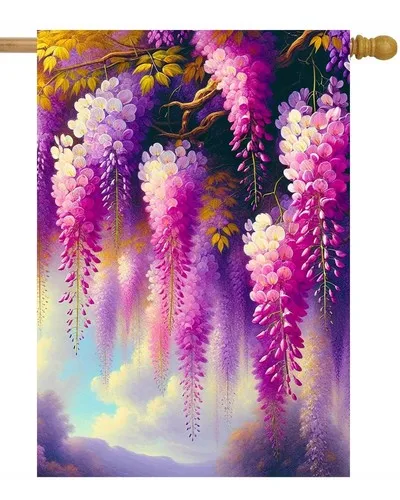 Cascade of Wisteria‌ in Full Bloom Purple Flowers Clam Sky House Flag 28