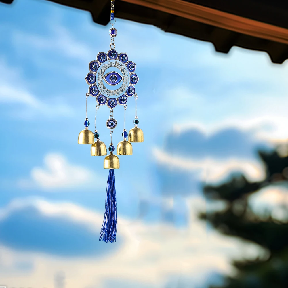 Evil Eye Wind Chime Turkish Nazar Amulet Hanging Ornament With Brass Bells Tassel For Home Garden Window Protection Decor Gift