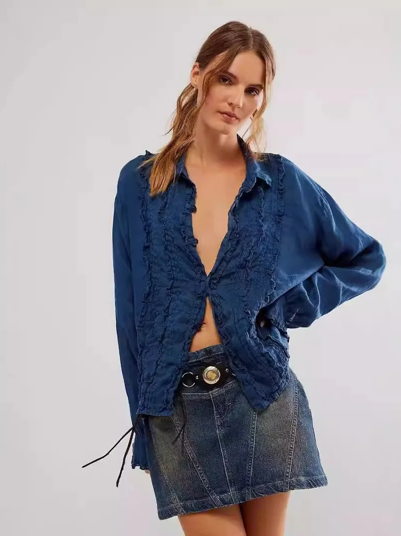 قميص نسائي فضفاض بياقة دانتيل وأكمام طويلة، نمط كاجوال من القطن الخالص، قميص مريح مناسب لموسم الخريف