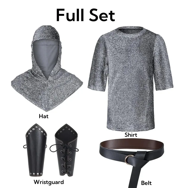 Renaissance Faux Chain Mail Armor Tunic Shirt Coif Medieval Knight Cowl Crusader Costume outfit Bracers Waist Belt Set