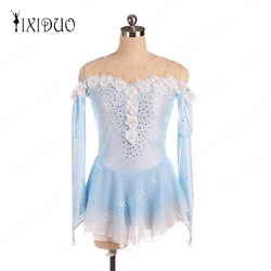 Women Figure Skating Competition Training Dress Customized Girls' Light Blue Long Sleeve Artistic Gymnastics Performance Dress