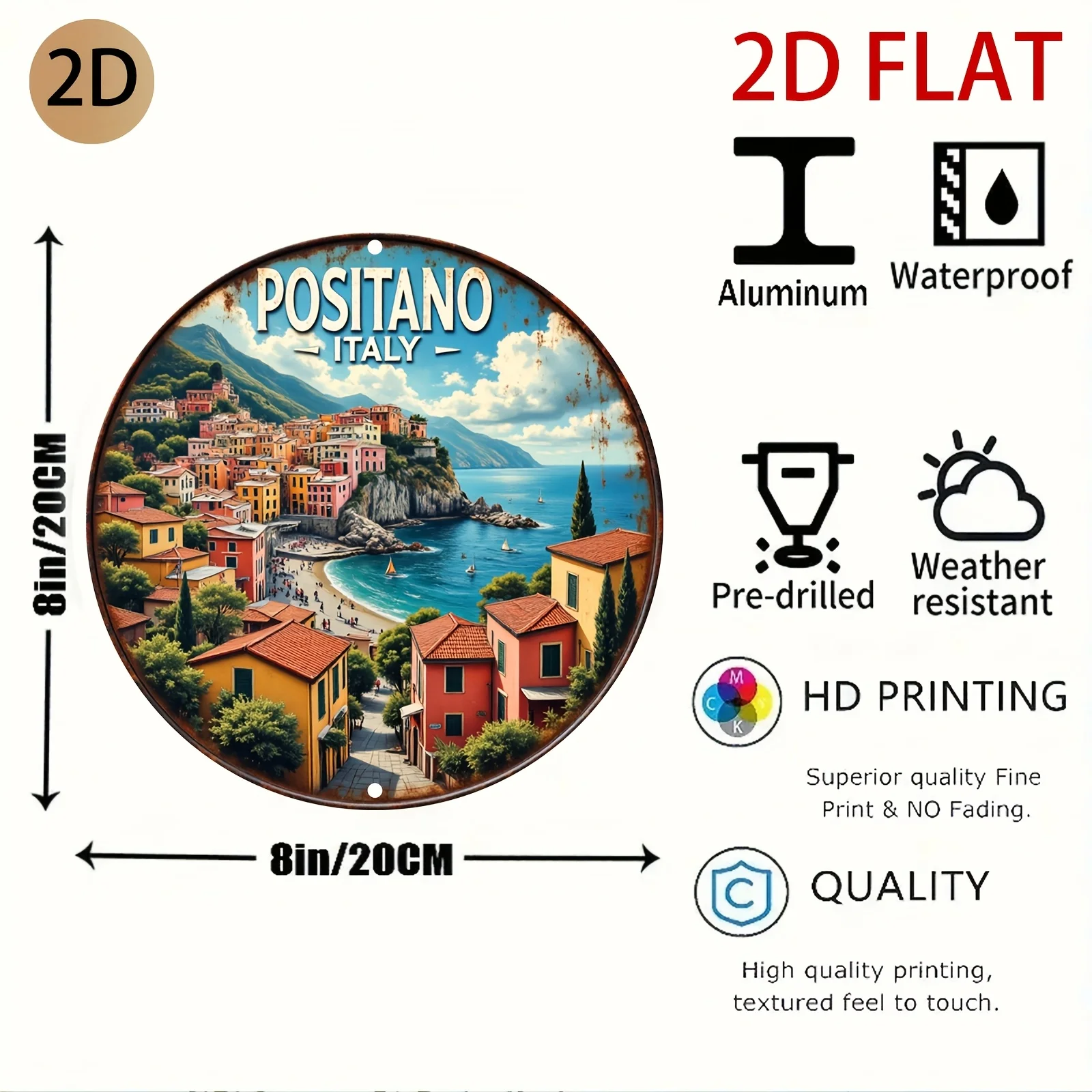 2D Flat - A Round Metal Sign Featuring a Retro Design of Positano, Italy, Perfect for Decorating Homes, Cafes, Or Travel-Themed