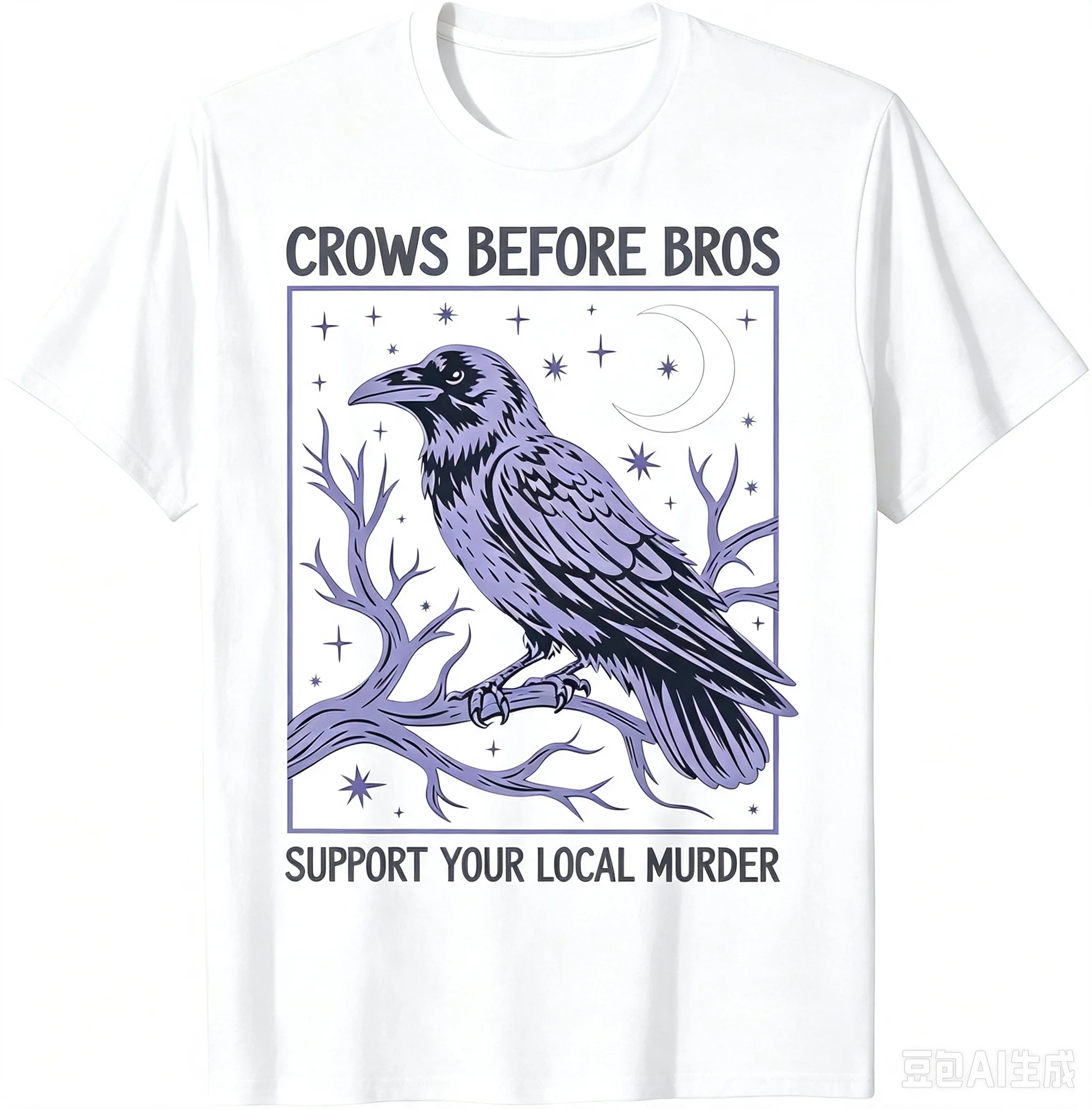 Crows Before Bros Support Your Local Murder Crow Moon Graphic T-Shirt Gothic Witchy Raven Stars Vintage Dark Aesthetic Casual