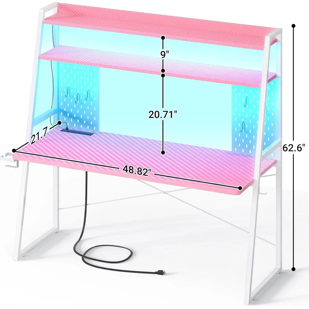Escritorio para juegos rosa de fibra de carbono con iluminación LED con almacenamiento, aparador y tomas de corriente para 49 piezas en el dormitorio
