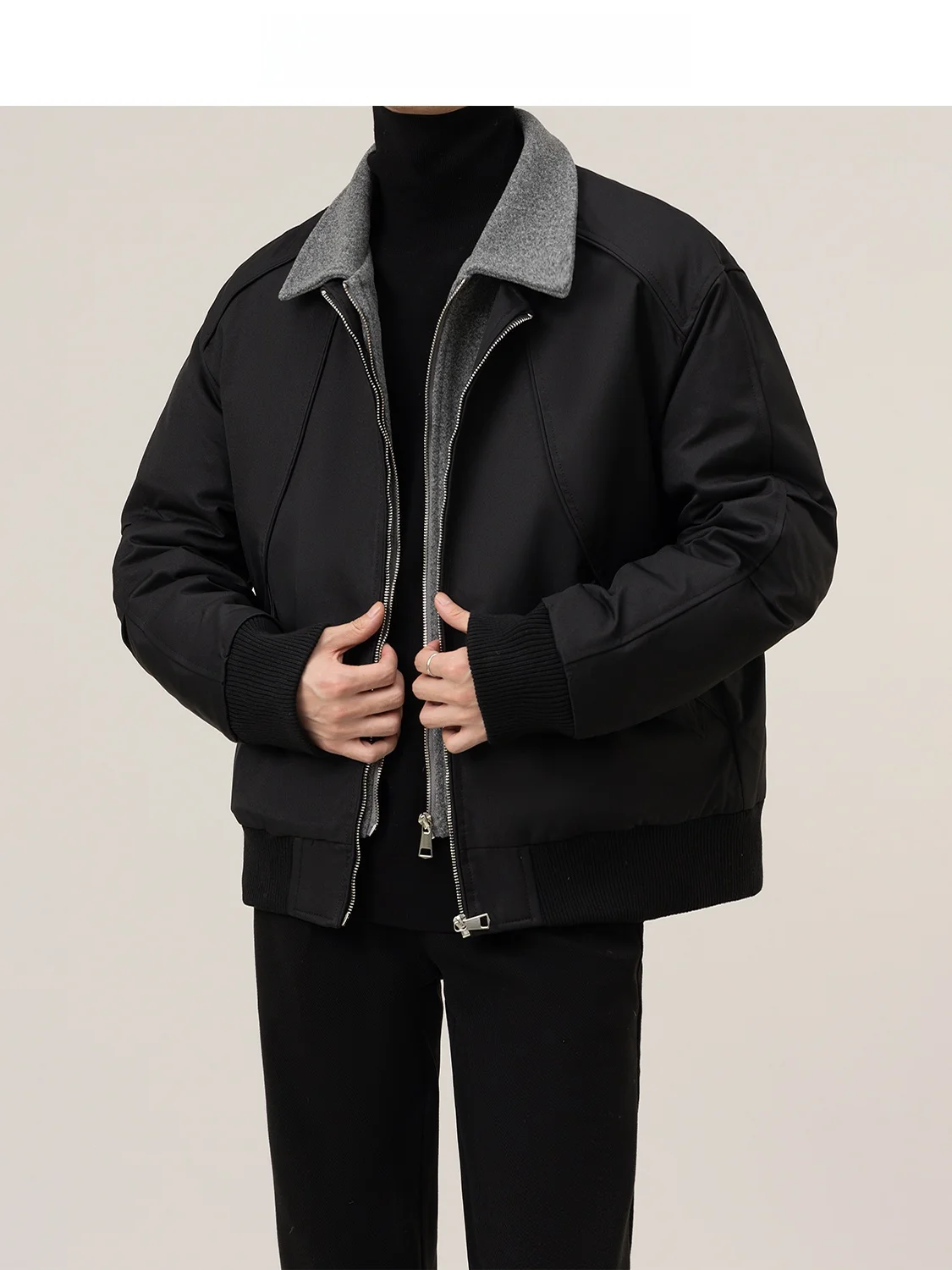 Men's Casual Woolen Jacket Winter Warmth Fashionable Patchwork Design Thickened Polyester Fiber Long Sleeve Zipper Closure Coat