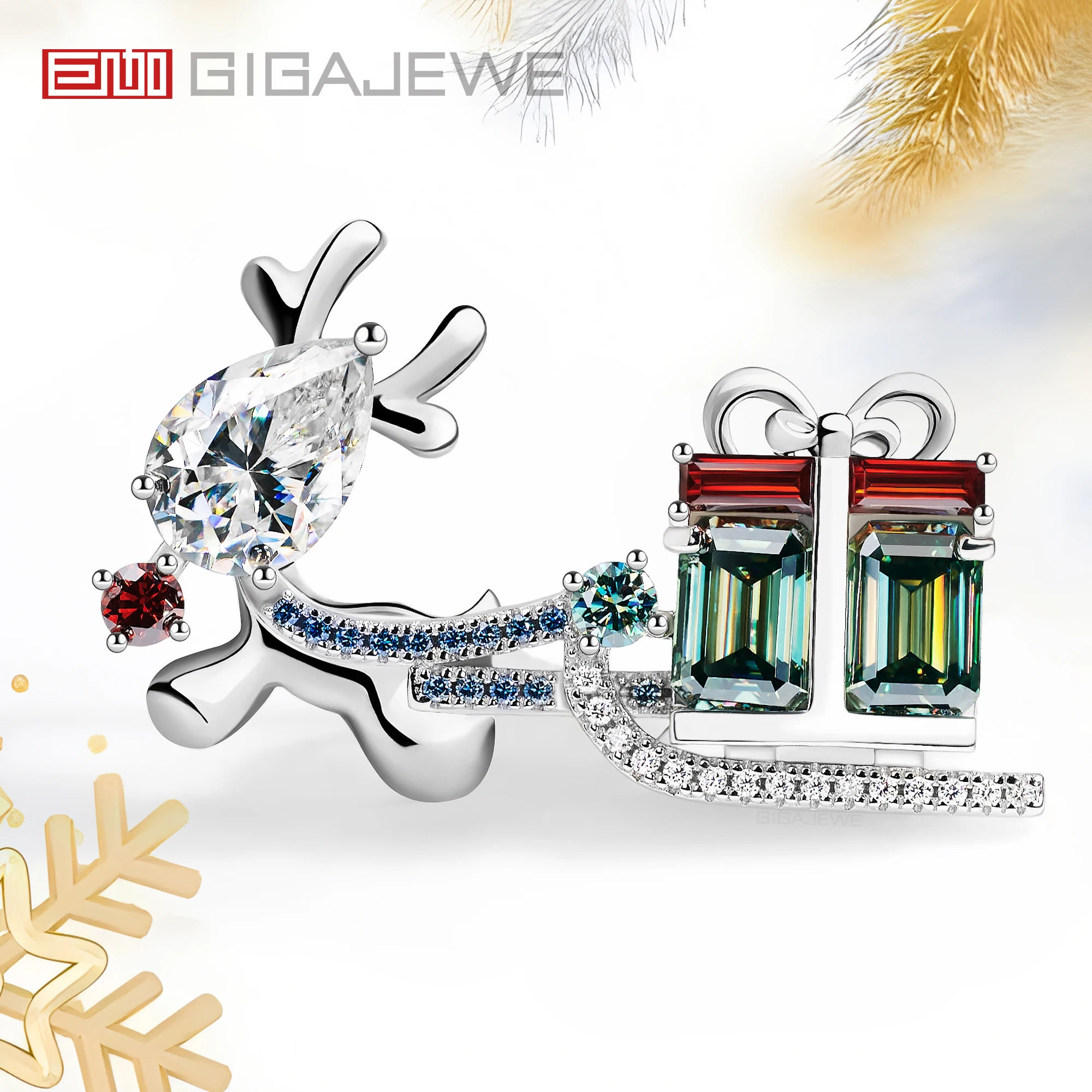 

GIGAJEWE Moissanite Christmas Deer Brooch Total 5.0ct Pear Emerald Baguette Round 18K White Gold Plated Silver Woman Girl Gift