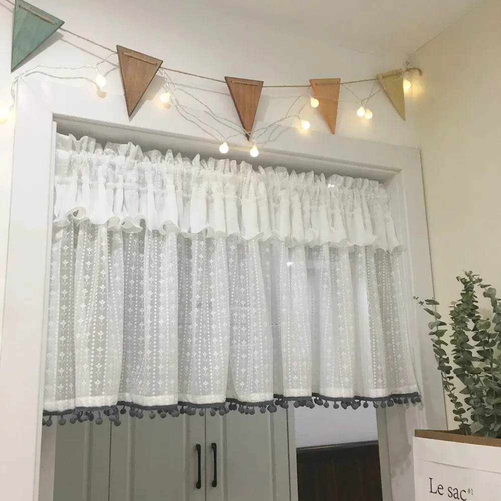White Lace Short Curtains for Cabinet Kitchen Tier Double Layer Pom-Pom Cafe Hotel Farmhouse Doorway Half Window Drapes