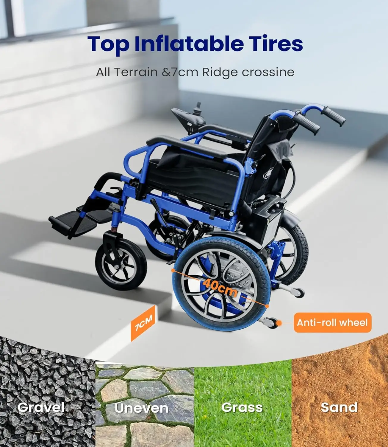Elektrischer Faltbarer Leichter Rollstuhl bis 150kg 30km Outdoor mit 40cm Gummireifen Tragbarer Reise-Elektrorollstuhl – Detail 2